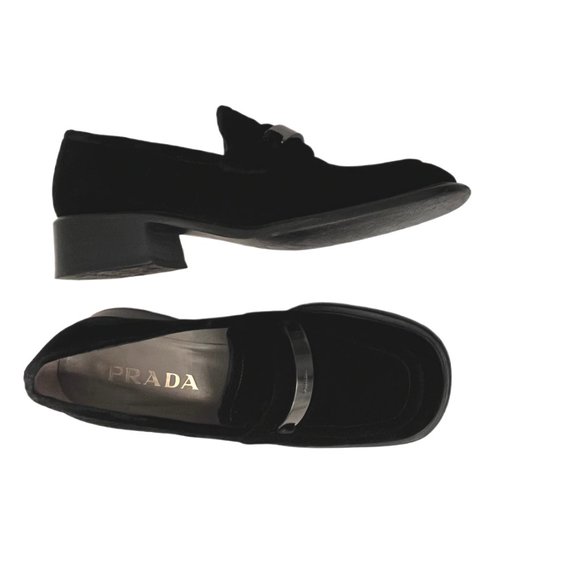 Prada Vintage Black Velvet Chunky Loafers with Metal Logo Size 36.5 US Size 6.5 - Picture 5 of 11